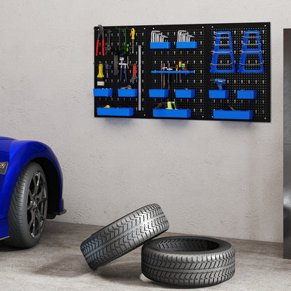 The garage organiser with tools and bins mounted on a wall next to a car