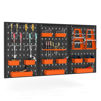 A close-up of the orange bins and hammer racks attached to the black pegboard