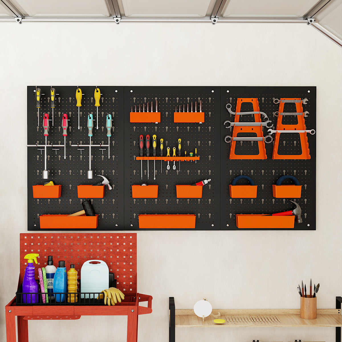 The parts rack organizer mounted on a wall above a workbench with cleaning supplies and tools