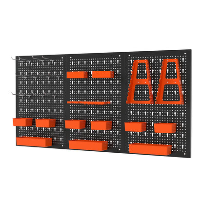 9-Bin Parts Rack Organizer with Hammer Racks for Garage, a black pegboard with orange bins and hammer racks