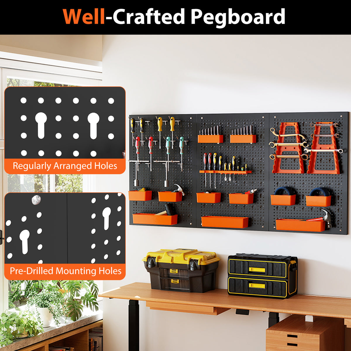 Close-up of the pegboard holes and mounting options for the garage organizer