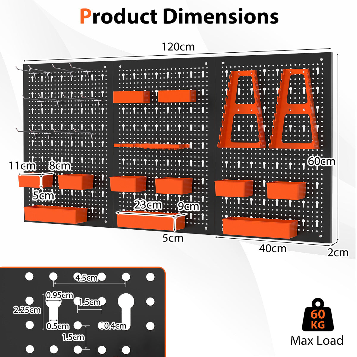 Product dimensions diagram showing the size of the garage parts organizer and its components