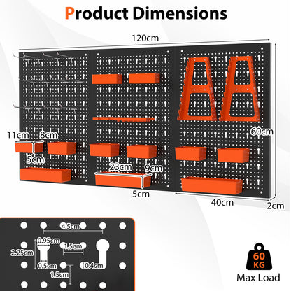 Product dimensions diagram showing the size of the garage parts organizer and its components