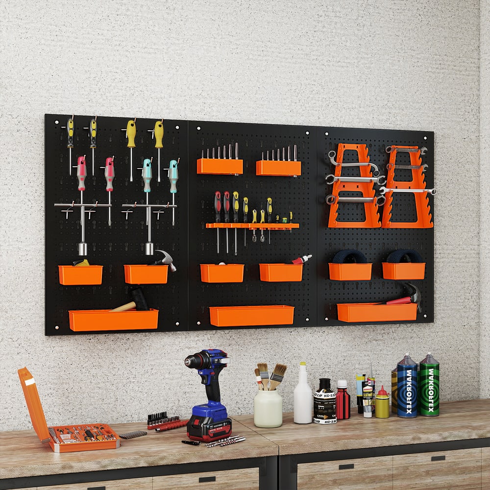 The garage parts organizer with tools like screwdrivers, hammers, and wrenches displayed on the pegboard