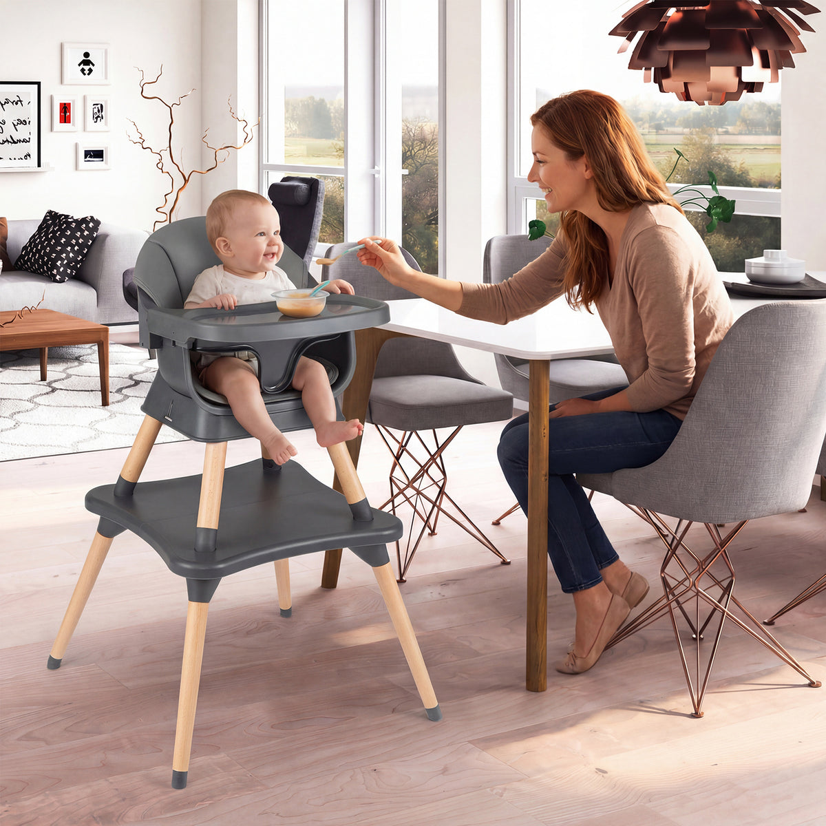 9-in-1 Convertible High Chair with Solid Wood Legs and Harness for Babies-Black