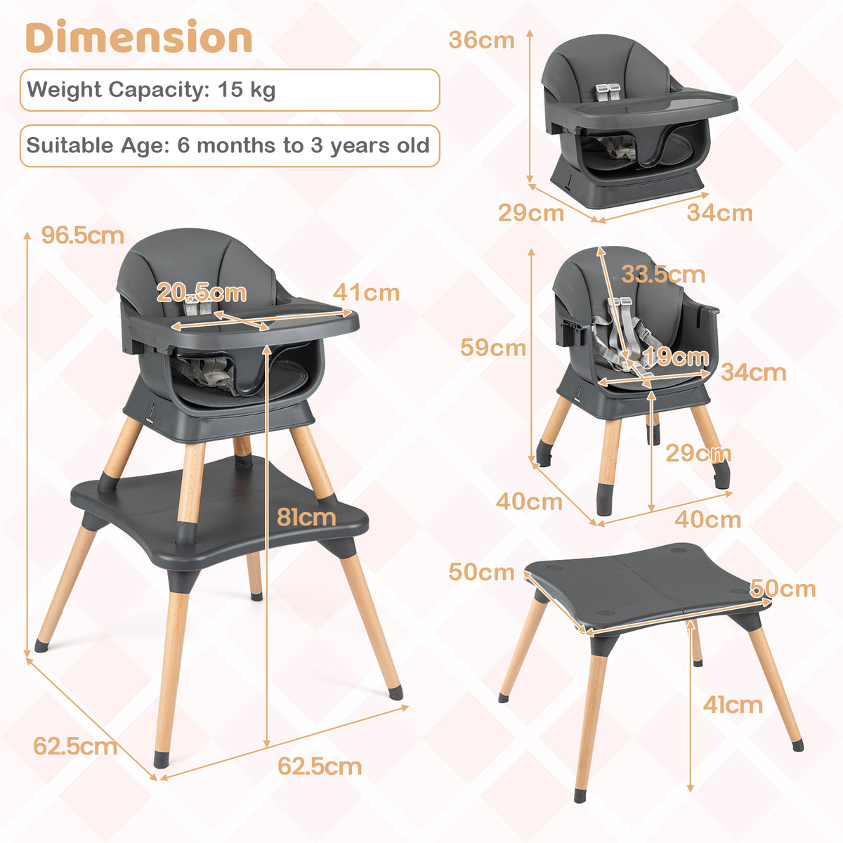 9-in-1 Convertible High Chair with Solid Wood Legs and Harness for Babies-Black