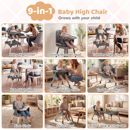 9-in-1 Convertible High Chair with Solid Wood Legs and Harness for Babies-Black