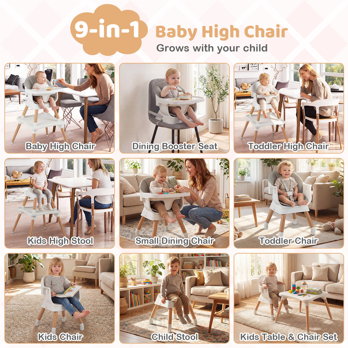 9-in-1 Convertible High Chair with Solid Wood Legs and Harness for Babies-Grey