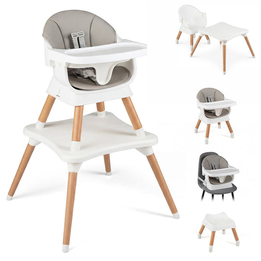 9-in-1 Convertible High Chair shown in various configurations with a white tray and grey seat pad