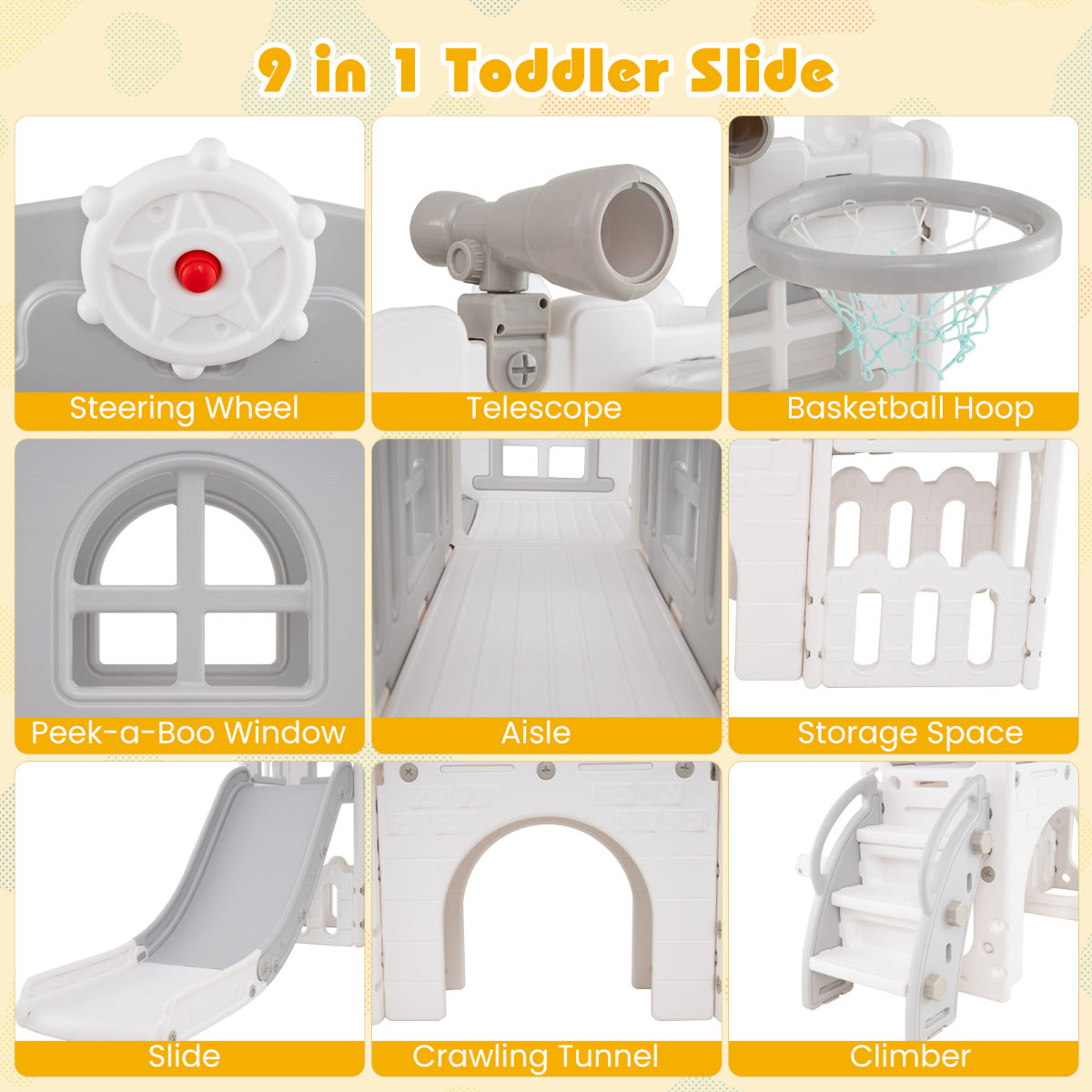 Close up views of the grey and white kids slide and climber playset features including steering wheel and slide