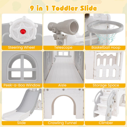 Close up views of the grey and white kids slide and climber playset features including steering wheel and slide