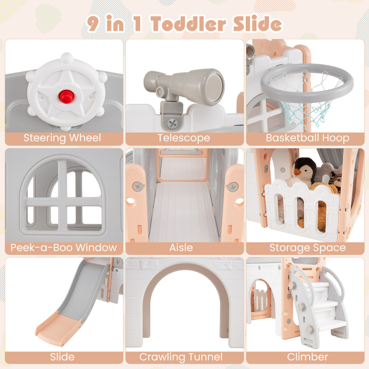 The kids slide showing nine different features including a steering wheel and telescope