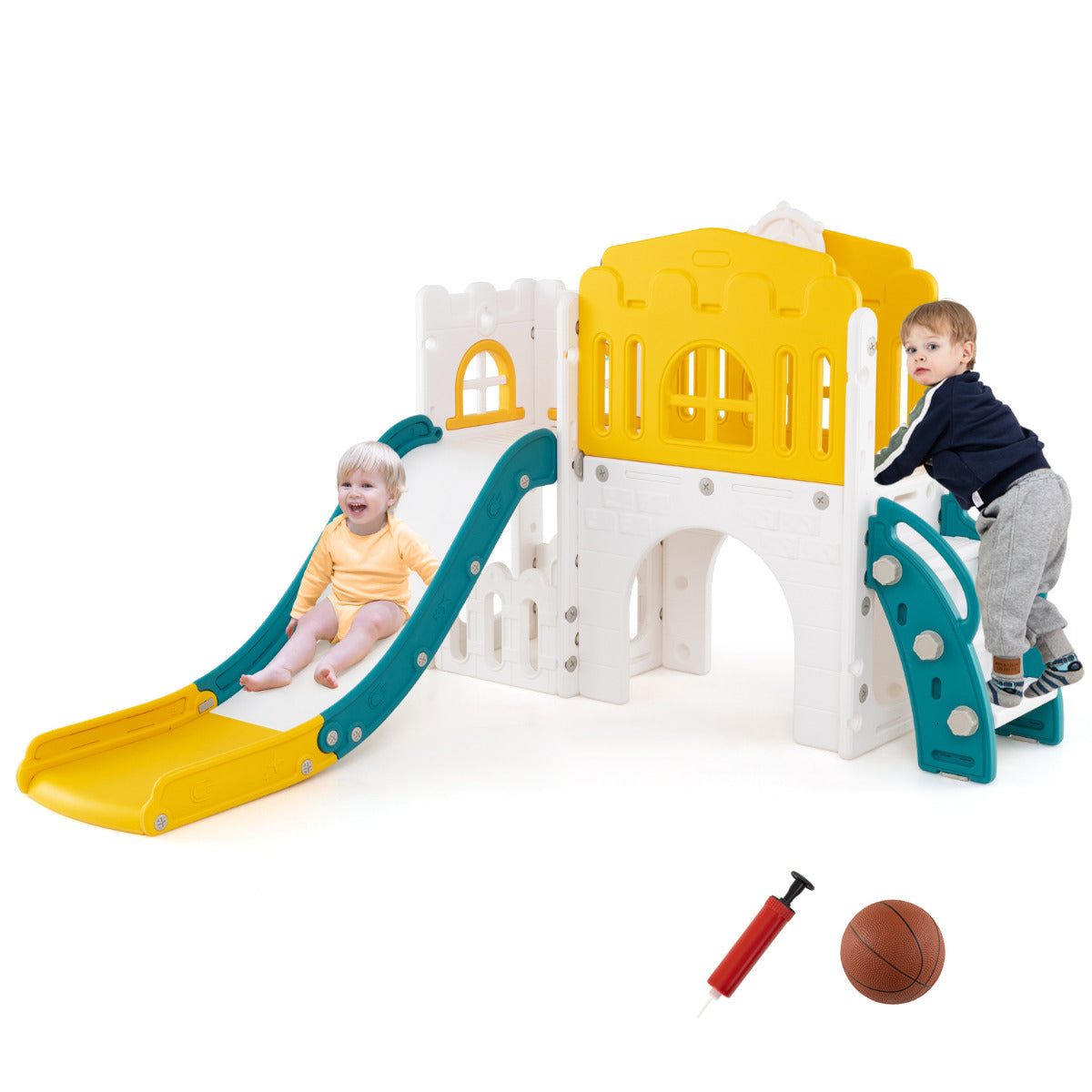 9 in 1 Toddler Slide is a yellow and white plastic L-shaped kids slide and climber playset with a basketball hoop