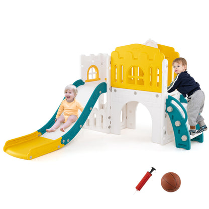 9 in 1 Toddler Slide is a yellow and white plastic L-shaped kids slide and climber playset with a basketball hoop