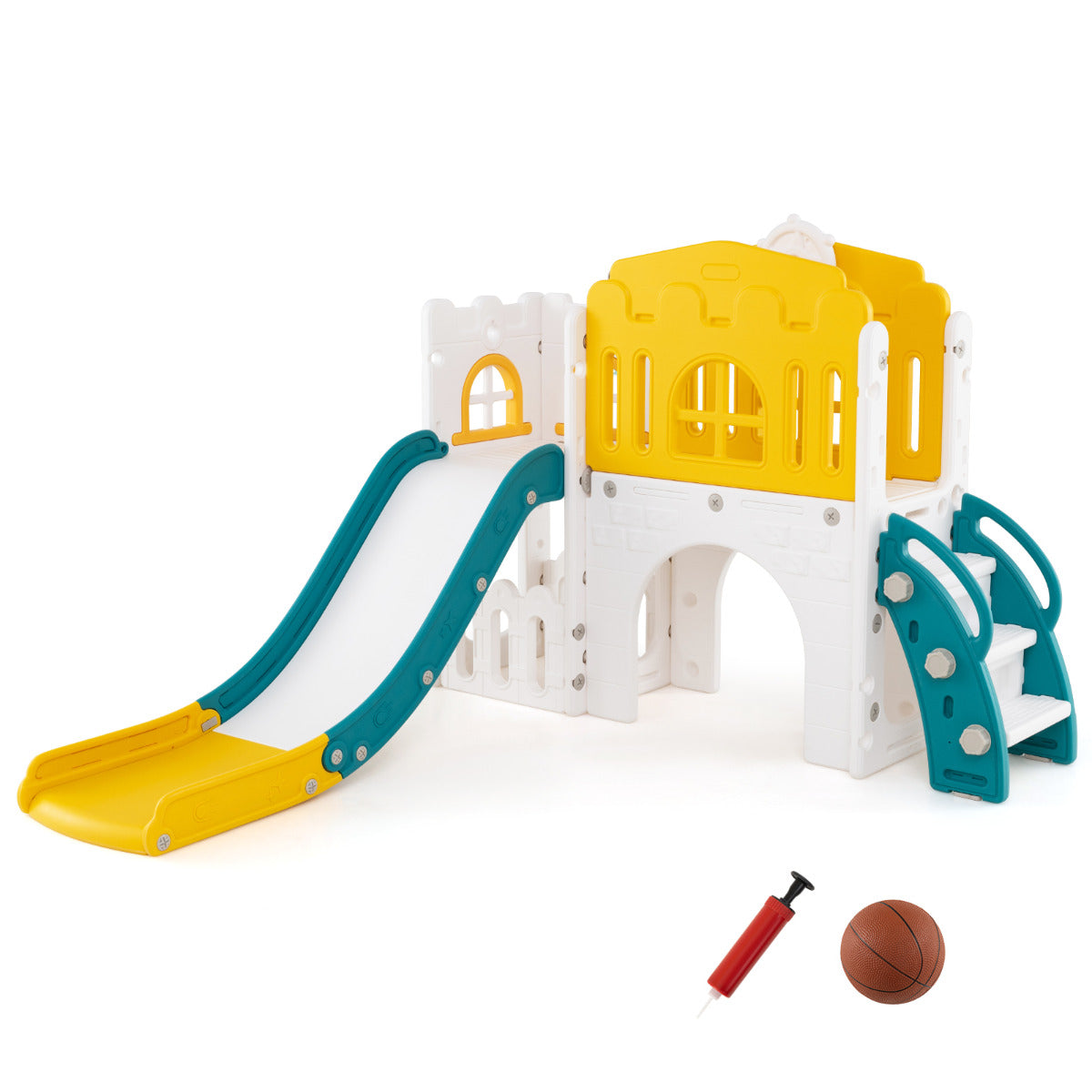 A yellow and white plastic L-shaped kids slide and climber playset with a basketball hoop and accessories