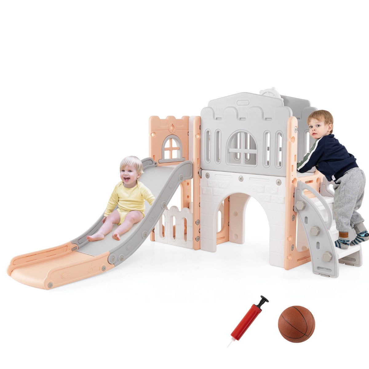 9 in 1 Toddler Slide with a child on the slide and another climbing the steps with a ball