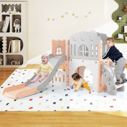 The kids slide set placed on a patterned rug in a bright playroom with two children playing