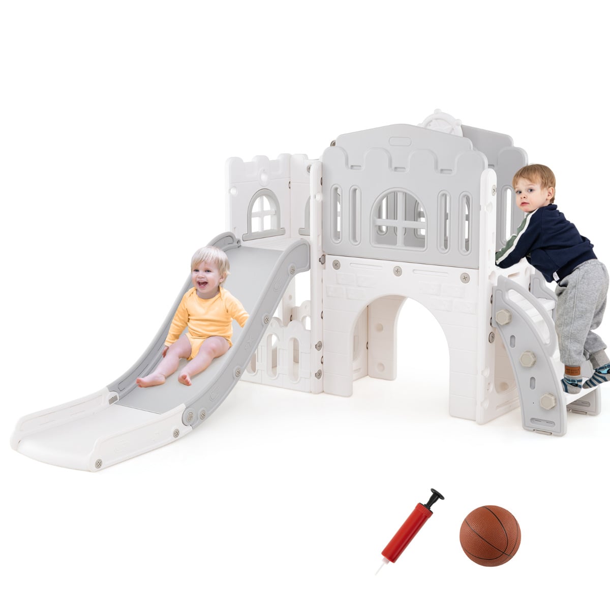 9 in 1 Toddler Slide is a grey and white plastic castle-themed climber with a slide and basketball hoop