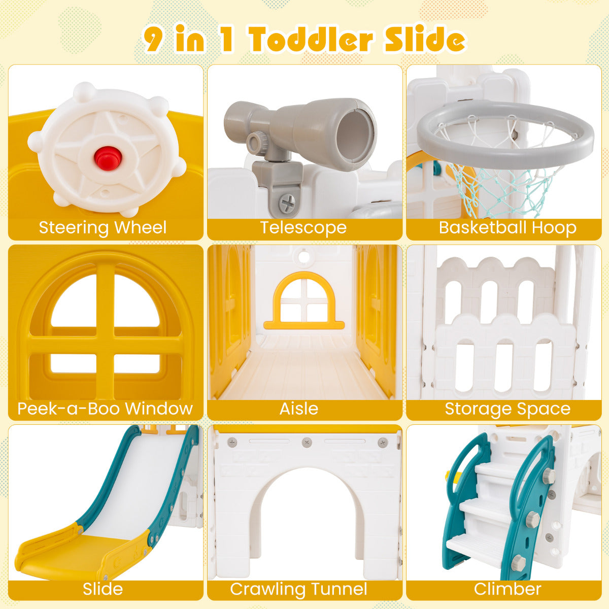 Close-up views of the steering wheel, aisle, basketball hoop, slide, storage space, and climber on the kids slide and climber