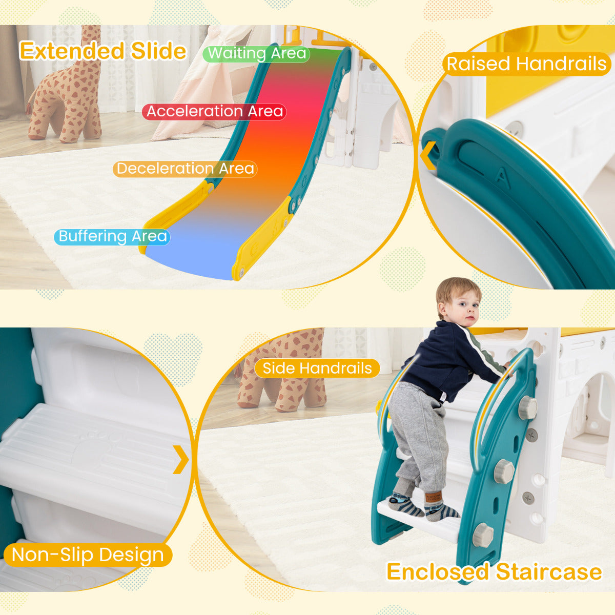 Details of the extended slide, raised handrails, non-slip design, and enclosed staircase on the kids slide and climber