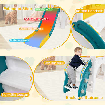 Details of the extended slide, raised handrails, non-slip design, and enclosed staircase on the kids slide and climber