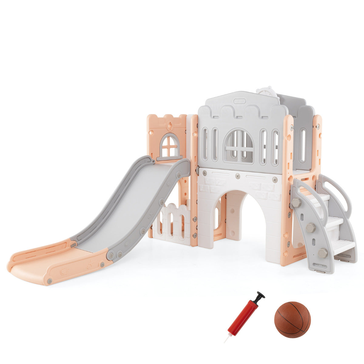 The kids slide shown in pink and grey colours with a small basketball and pump included