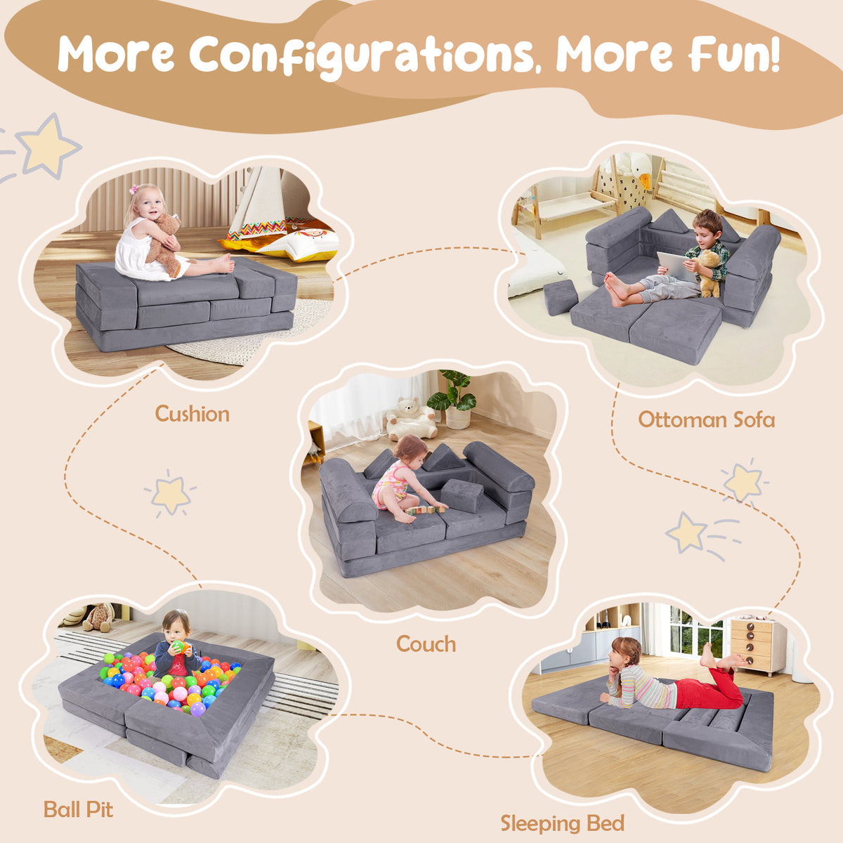 Different ways to assemble the modular kids play couch for various uses