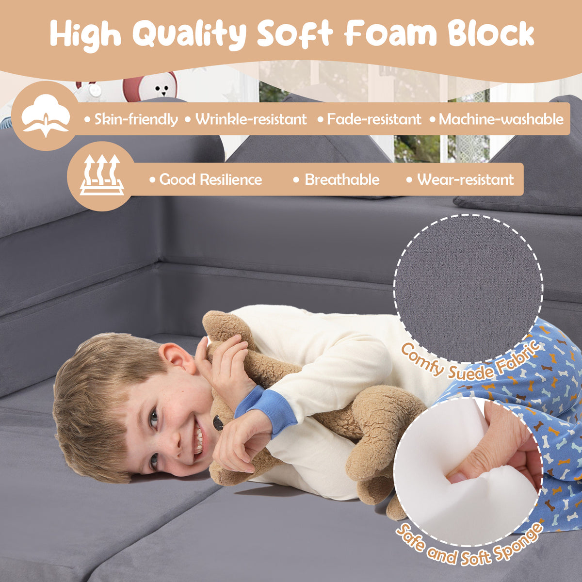 Close up of the breathable suede fabric on the modular kids play couch