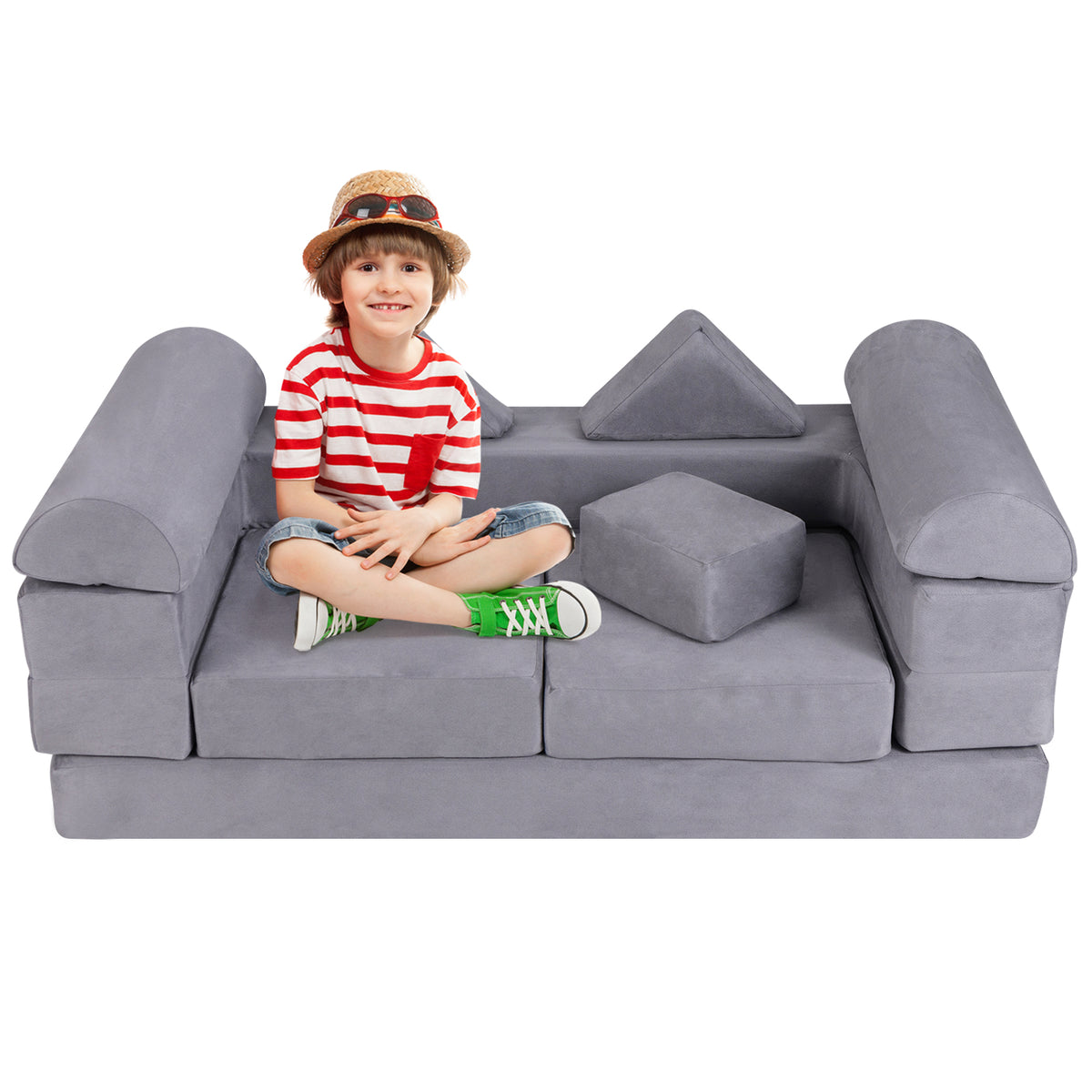 9-Piece Modular Kids Play Couch in grey, with a child sitting on it