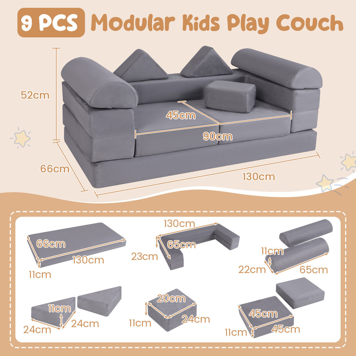 Size diagram of the modular kids play couch and its components