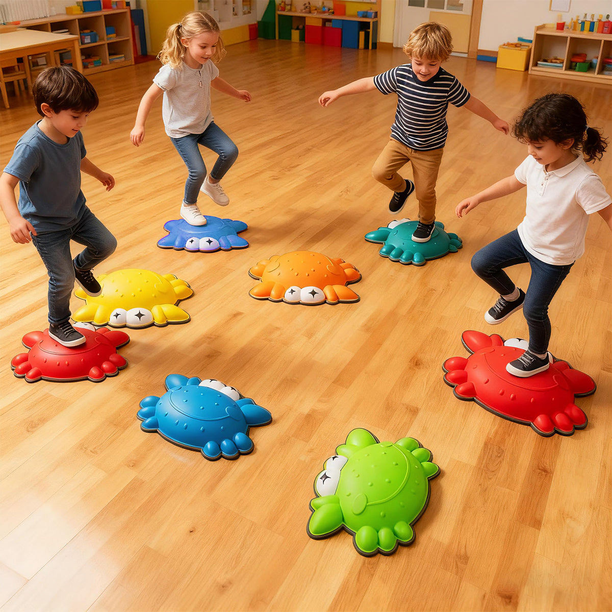 Several children balancing on the colourful crab stepping stones on a wooden floor