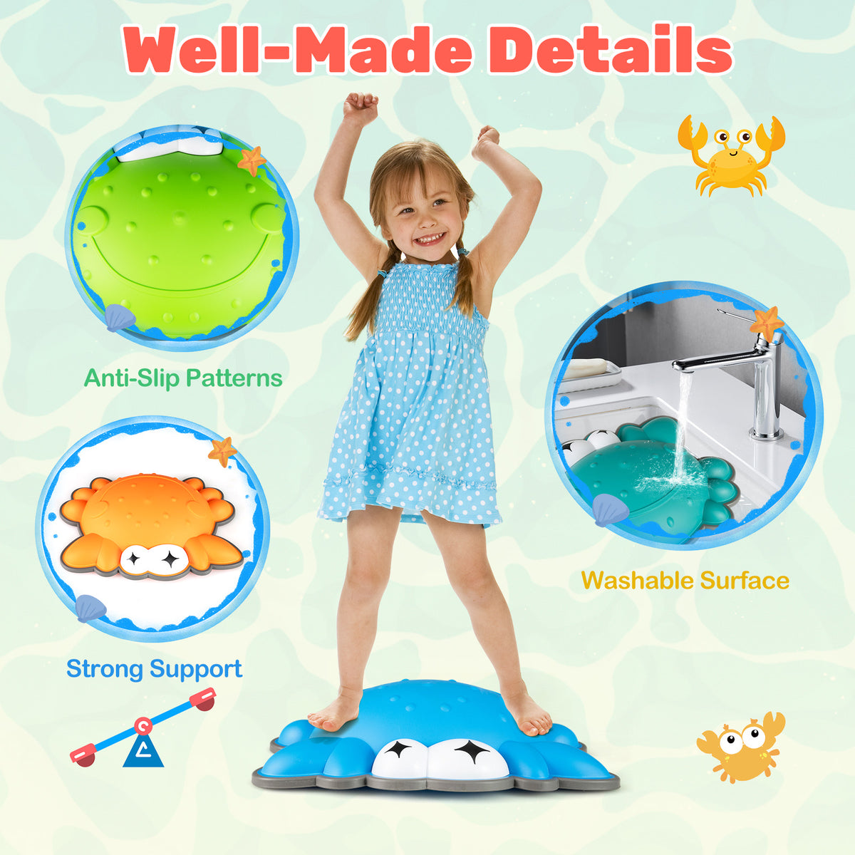 Well-made details of the crab stepping stones, including anti-slip patterns and washability