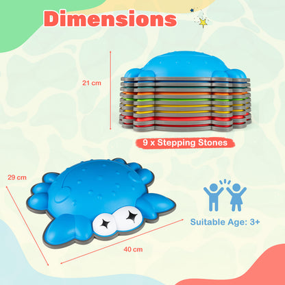 Dimensions diagram showing the size of the crab stepping stones and suitable age