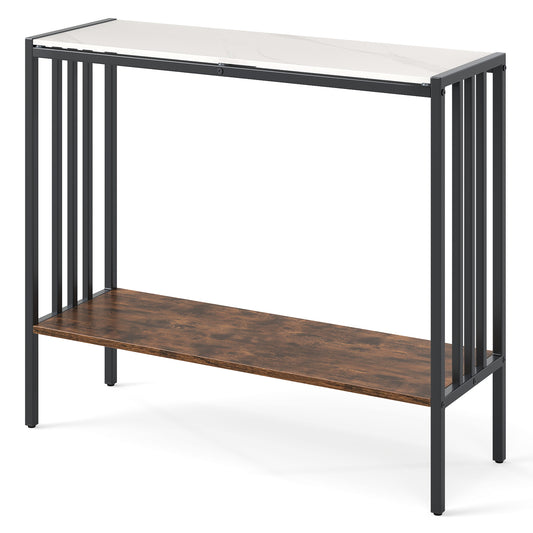 90 CM 2-Tier Industrial Console Foyer Table with a white sintered stone top and wooden shelf