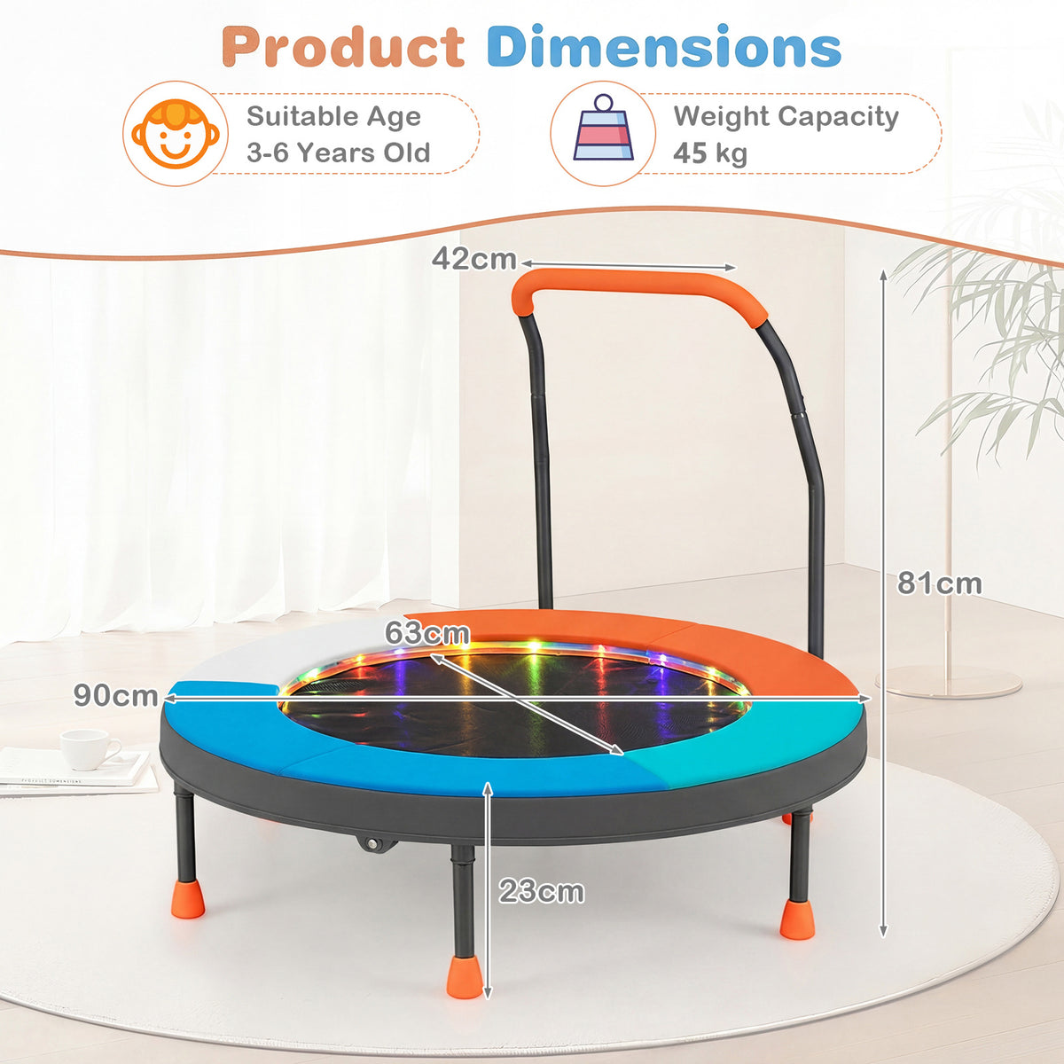 The kids trampoline with labels showing the height and width dimensions