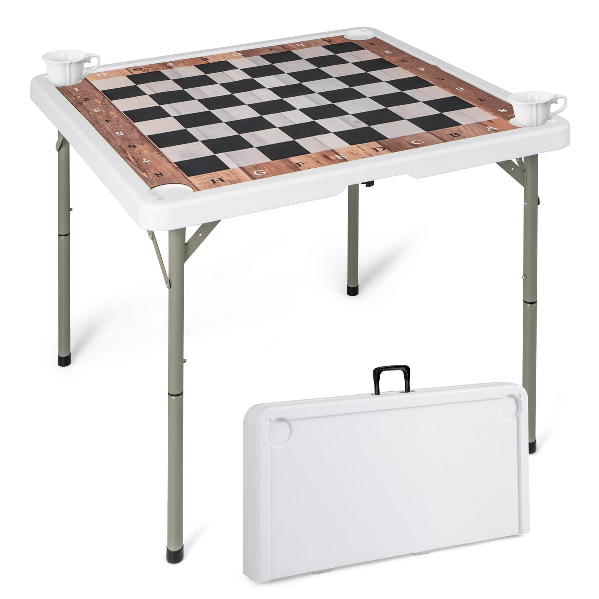 90 CM Folding Chess Table with Removable Table Mat set up with chess pieces and two cups