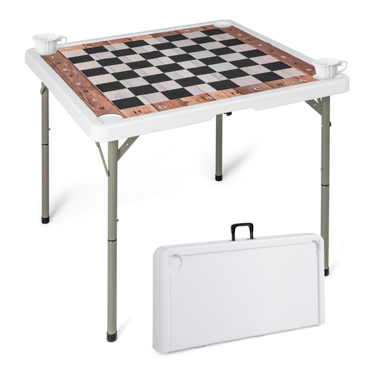 90 CM Folding Chess Table with Removable Table Mat set up with chess pieces and two cups