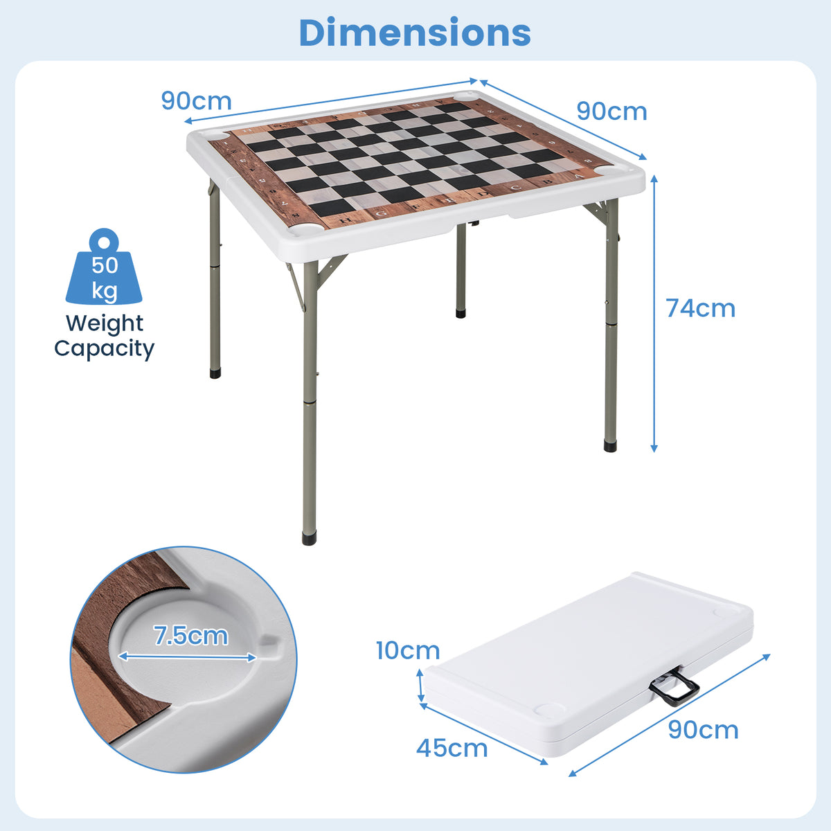 Dimensions diagram for the folding chess table and its folded size