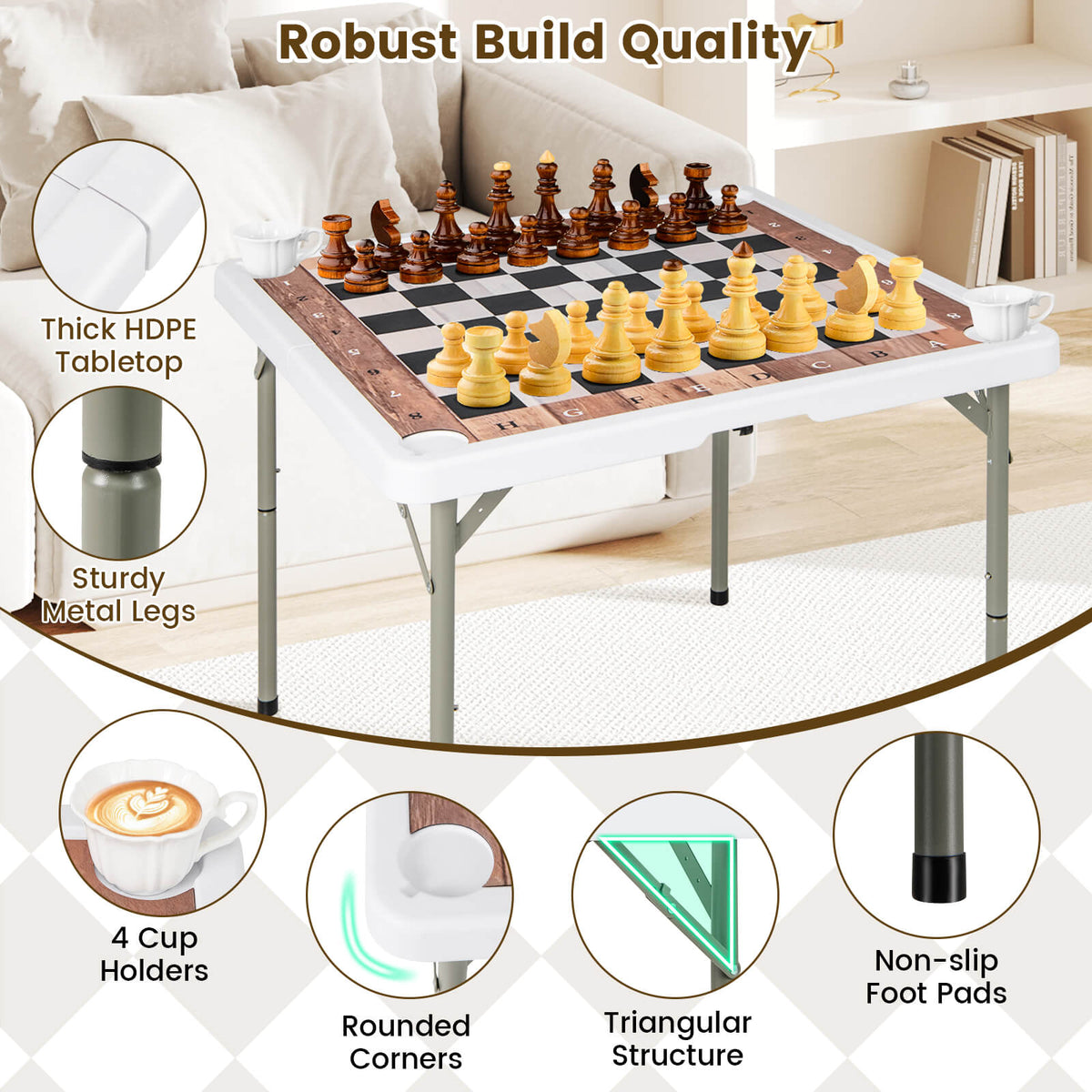 Features of the folding chess table including cup holders and legs