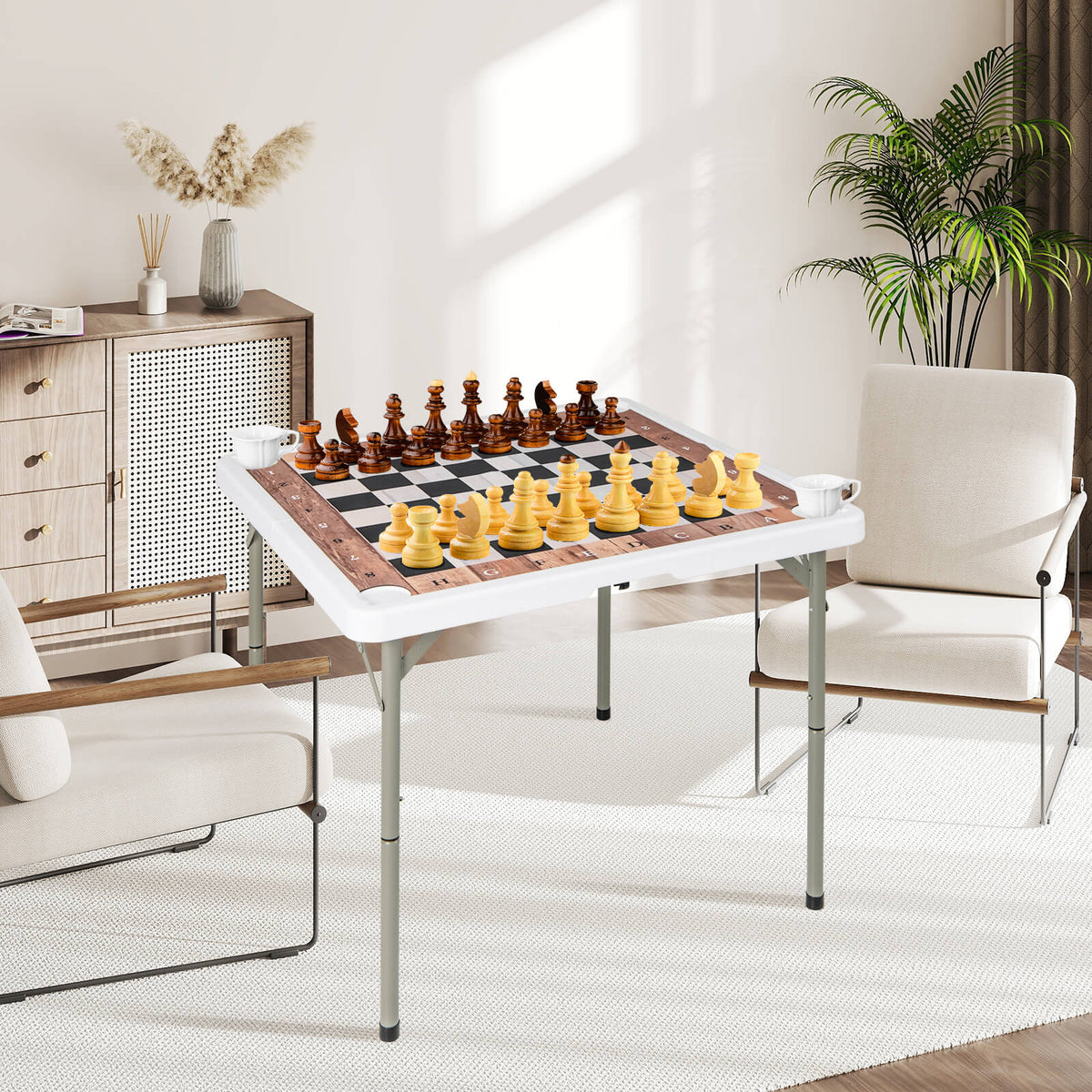 The folding chess table set up in a living room with chess pieces