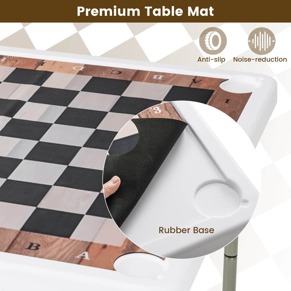 Close up of the removable table mat on the folding chess table