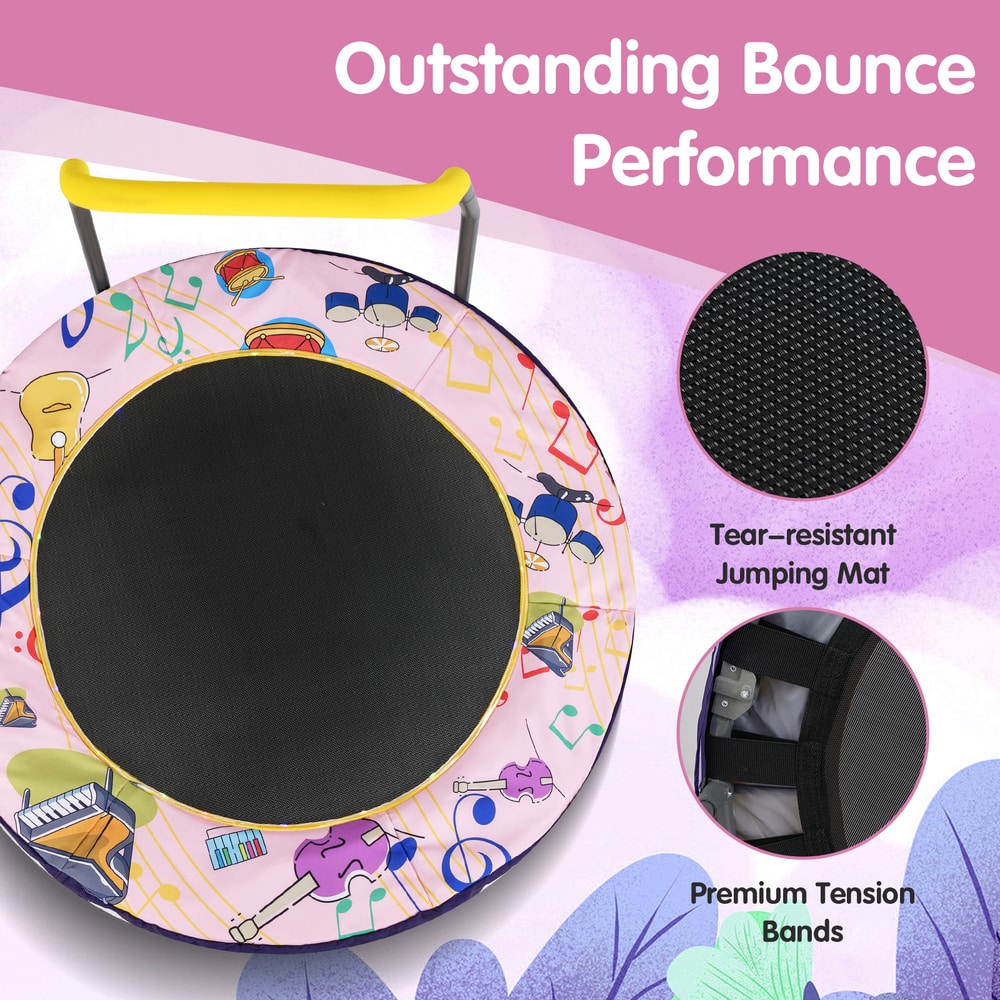 Close up of the pink mini trampoline showing the tear-resistant jumping mat and premium tension bands