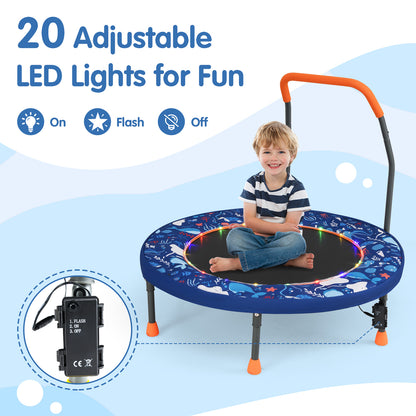 The kids trampoline with a child sitting on it and a close-up of the light control box