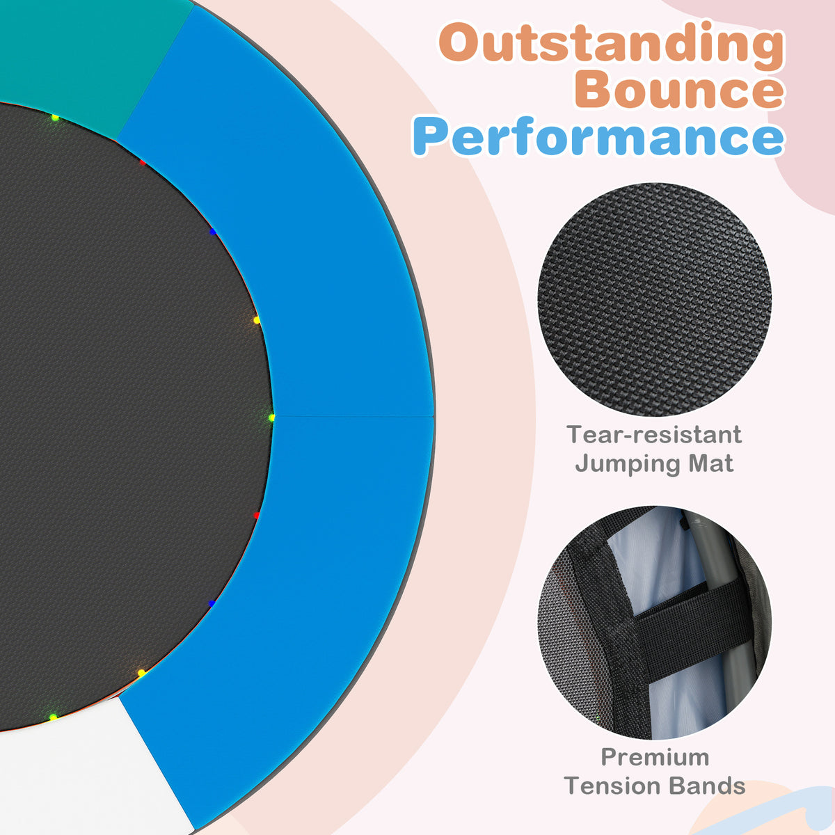 The kids trampoline showing close-up details of the jumping mat and tension bands