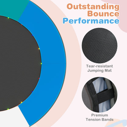 The kids trampoline showing close-up details of the jumping mat and tension bands