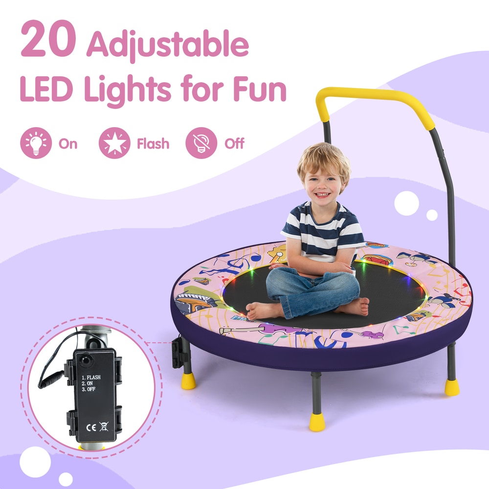 the kids trampoline with a child sitting on the mat and a close up of the light control box