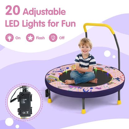 the kids trampoline with a child sitting on the mat and a close up of the light control box
