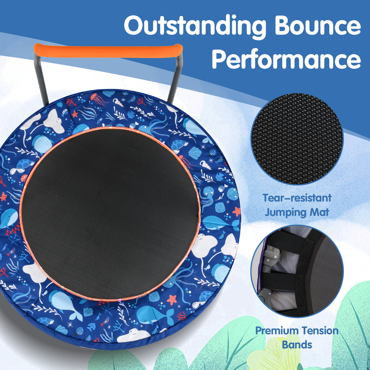 The mini trampoline showing close-ups of the jumping mat and tension bands