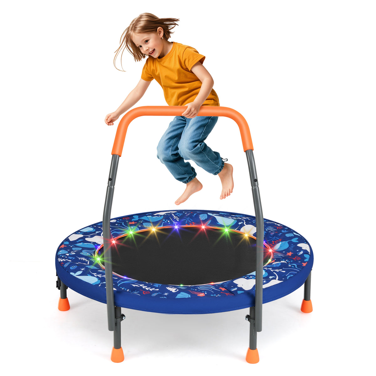 The folding trampoline with a child jumping and orange handle against a white background