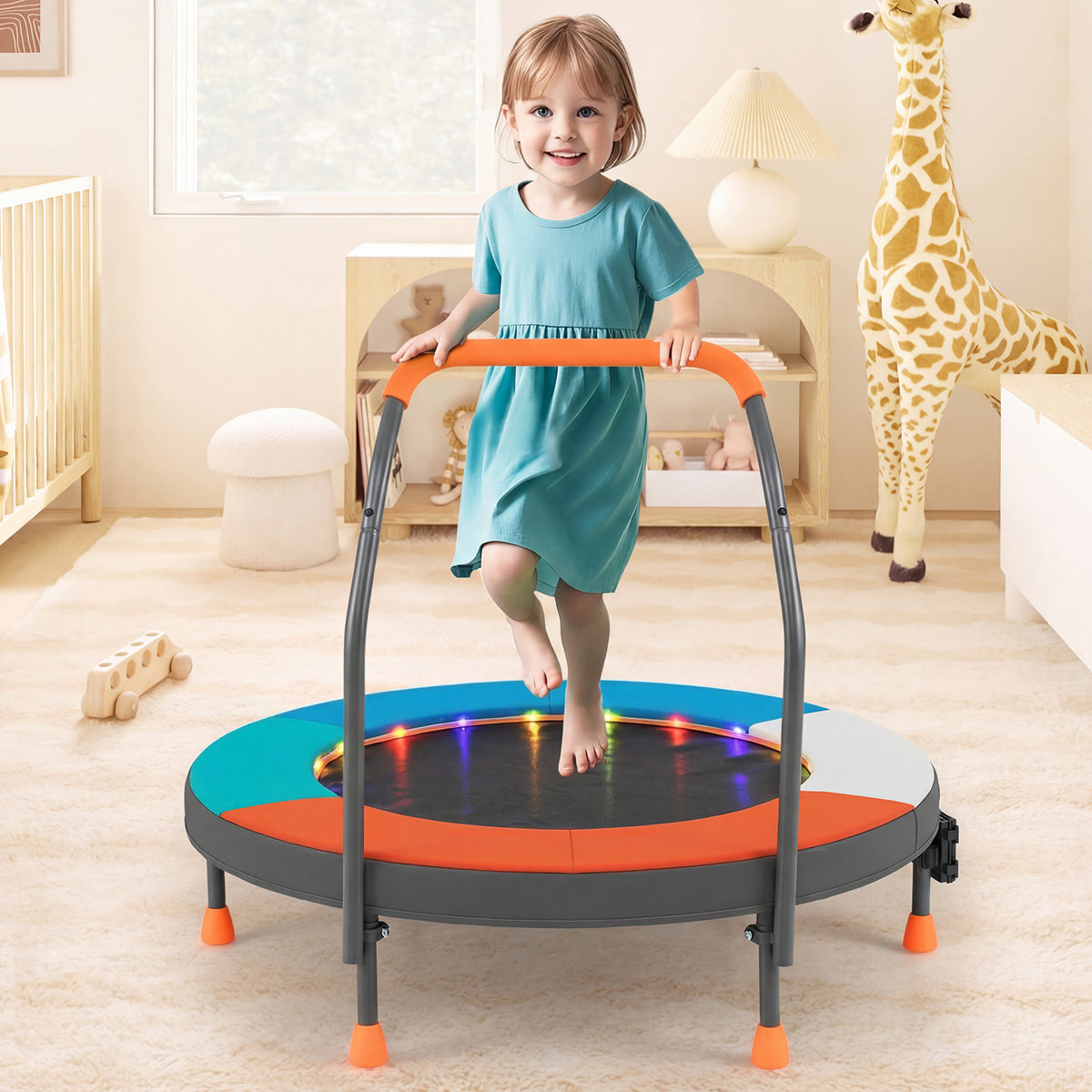 The kids trampoline placed in a child's bedroom with a girl standing on the mat